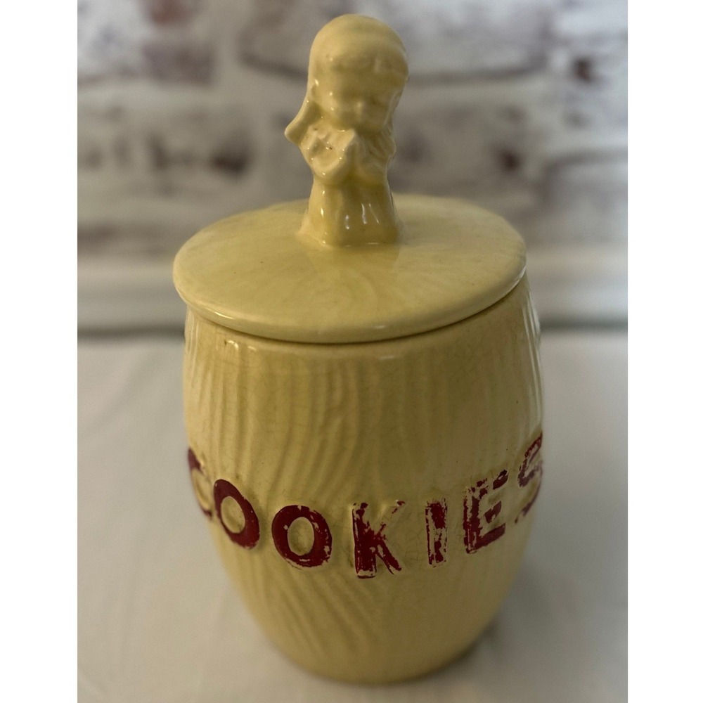 Vintage Ceramic Cookie Jar Angel Lid Yellow Barrel Wood Grain Good Condition